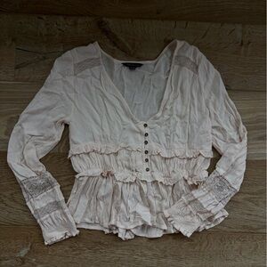 American Eagle Outfitters Pink-Cream Button-Down Blouse